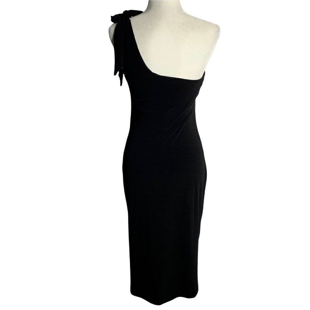 Vintage Guess Jeans One Shoulder Dress M Black Stretch Knit Shelf Bra Midi Tie - Picture 4 of 6